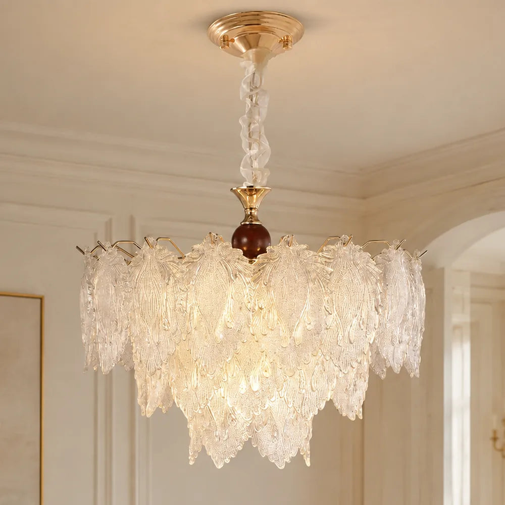 Tiered Textured Glass Leaf Chandelier styled in a warm ivory interior