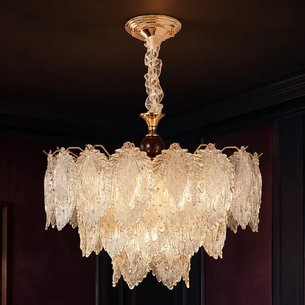 Tiered Textured Glass Leaf Chandelier styled in a deep plum interior