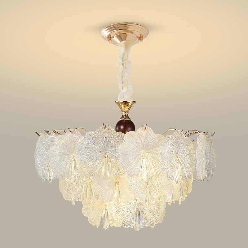 Scalloped rosette textured-glass chandelier with clear faceted drops
