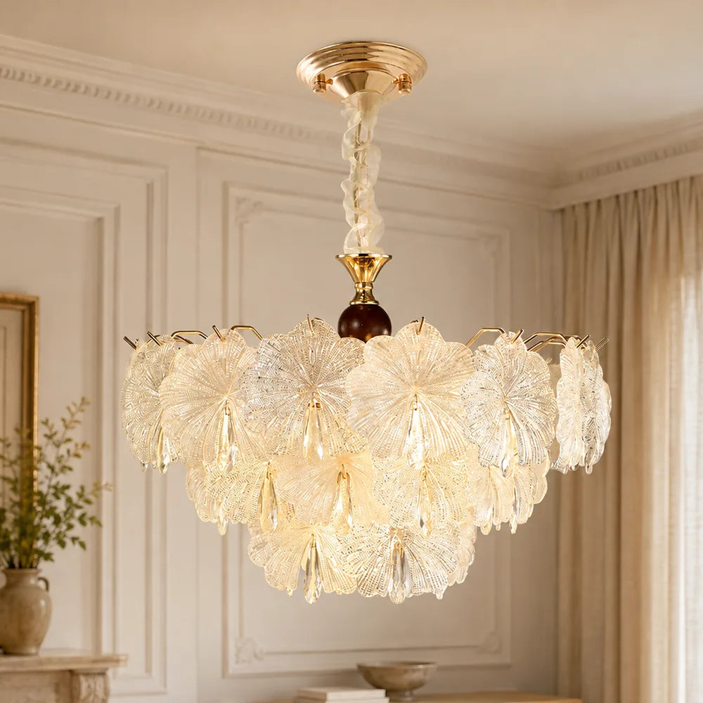 Scalloped Rosette Glass Chandelier styled in a warm ivory interior