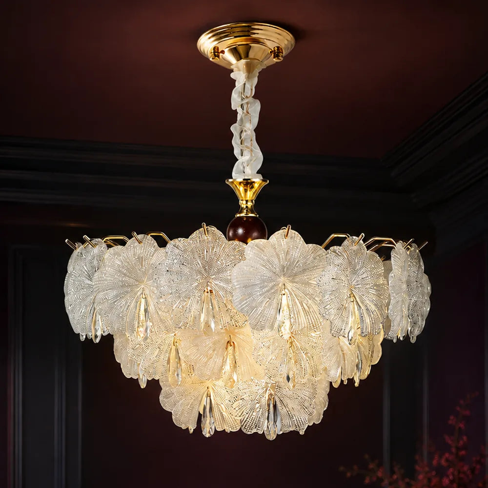 Scalloped Rosette Glass Chandelier styled in a deep plum interior