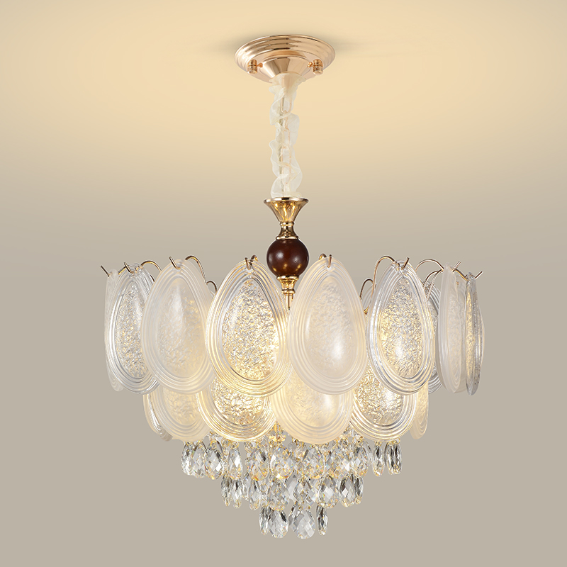 Oval clear and frosted glass chandelier with a crystal drop cascade
