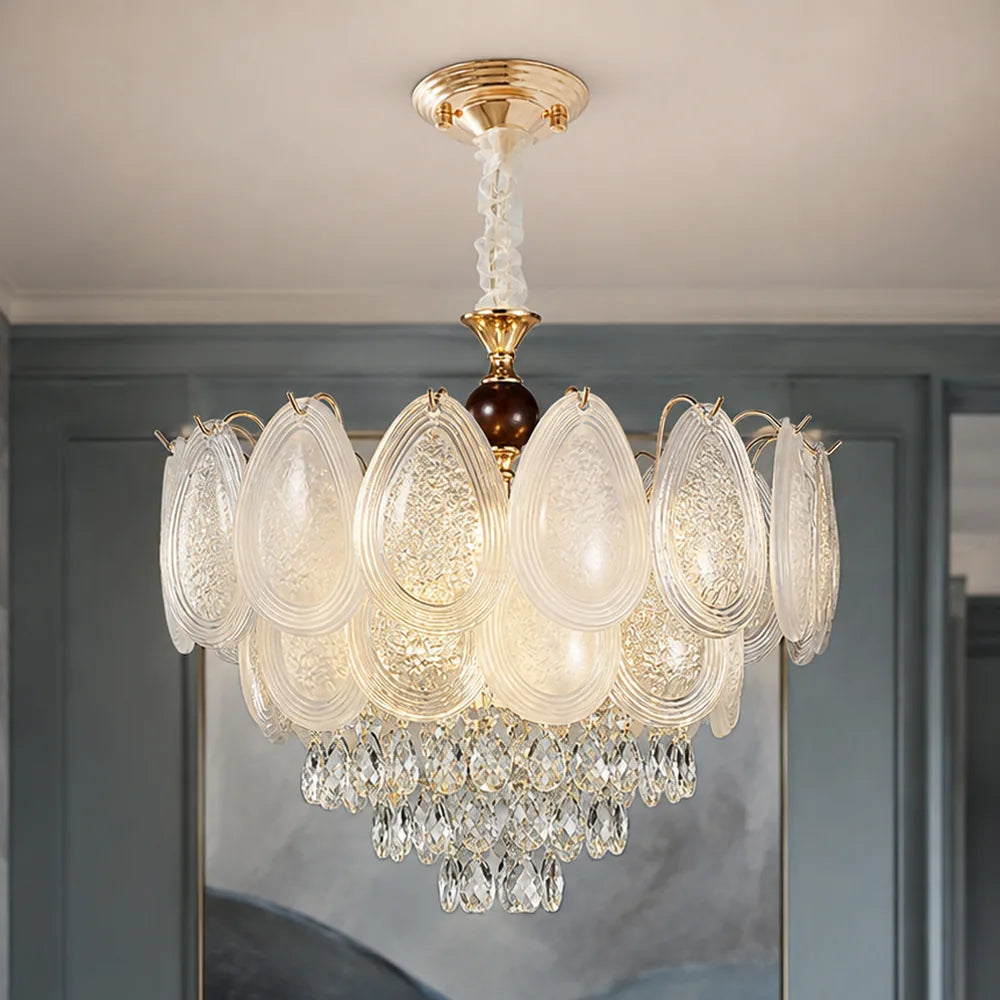 Oval Glass Chandelier with Crystal Cascade styled in a cool hotel interior