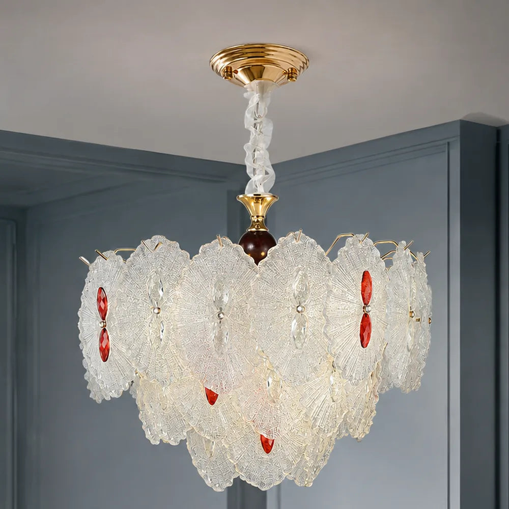 Rosette Glass Chandelier with Ruby Accents styled in a cool hotel interior