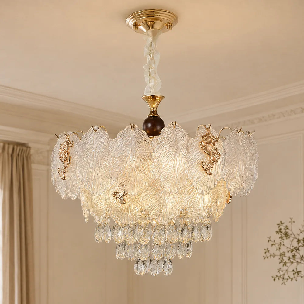 Feathered Glass Chandelier with Crystal Cascade styled in a warm ivory interior