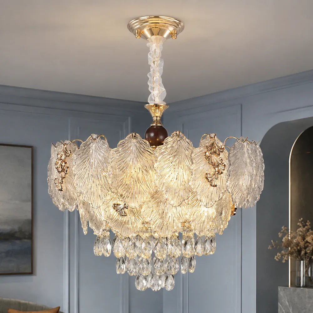 Feathered Glass Chandelier with Crystal Cascade styled in a cool hotel interior