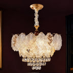 Feathered Glass Chandelier with Crystal Cascade styled in a deep plum interior
