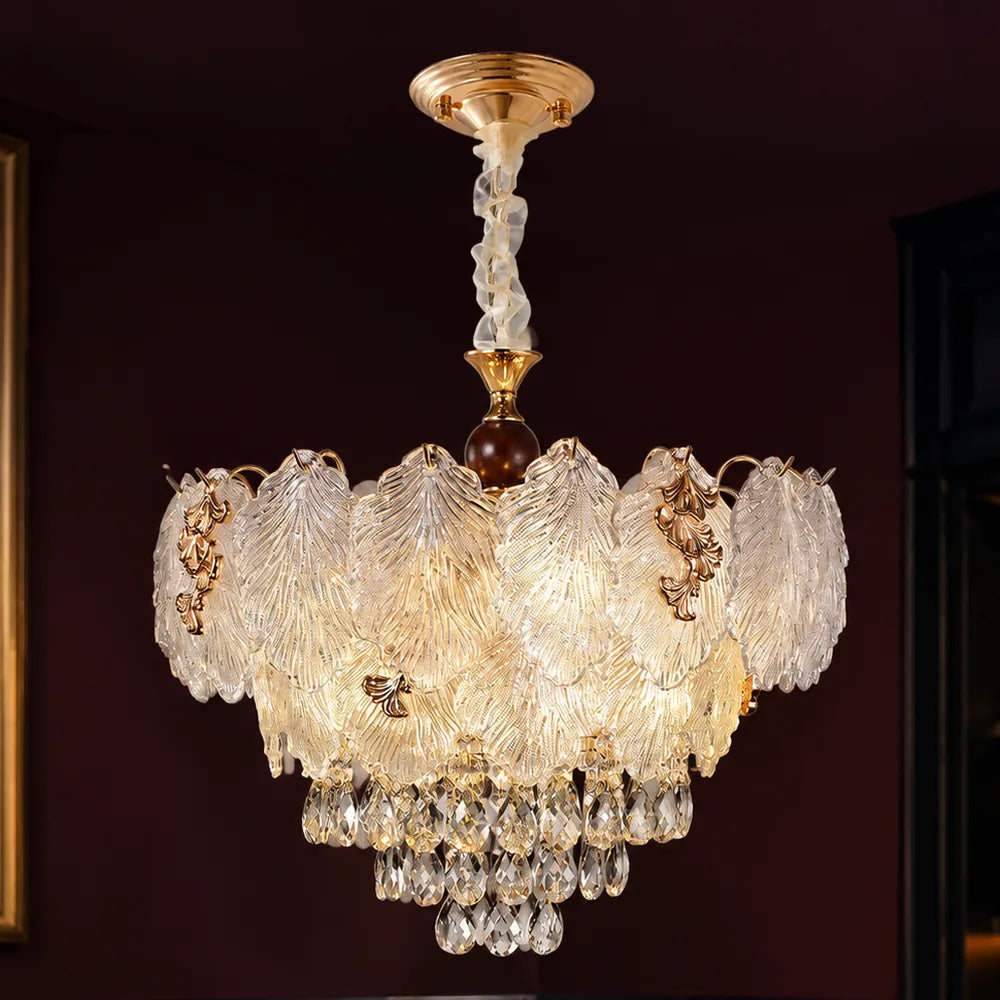 Feathered Glass Chandelier with Crystal Cascade styled in a deep plum interior