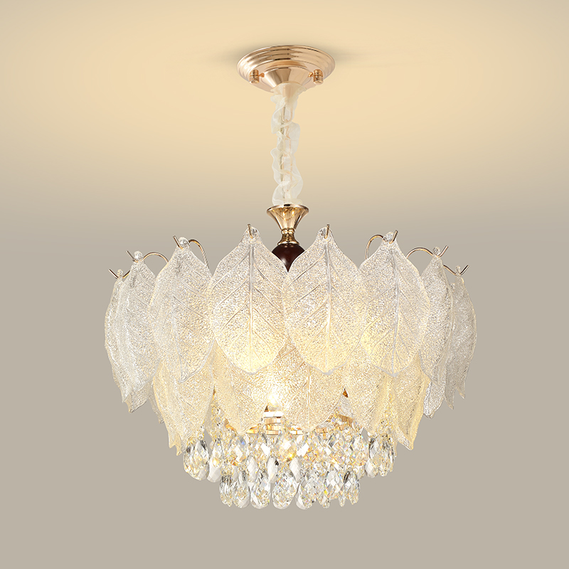 Layered veined glass leaf chandelier with clear crystal drop fringe
