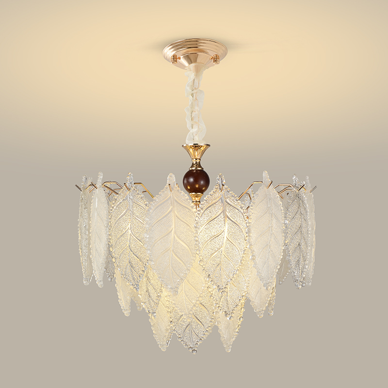 Airy veined glass leaf chandelier with warm metal frame and dark wood centre