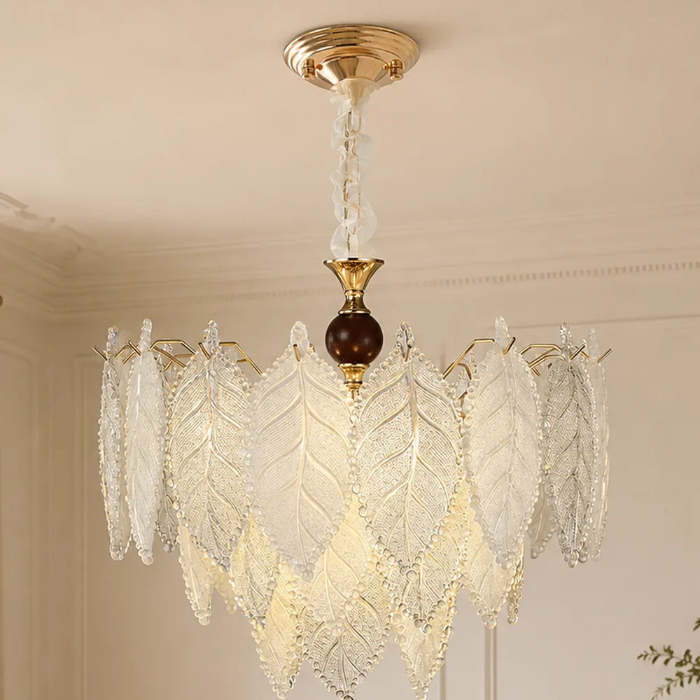 Veined Glass Leaf Chandelier styled in a warm ivory interior