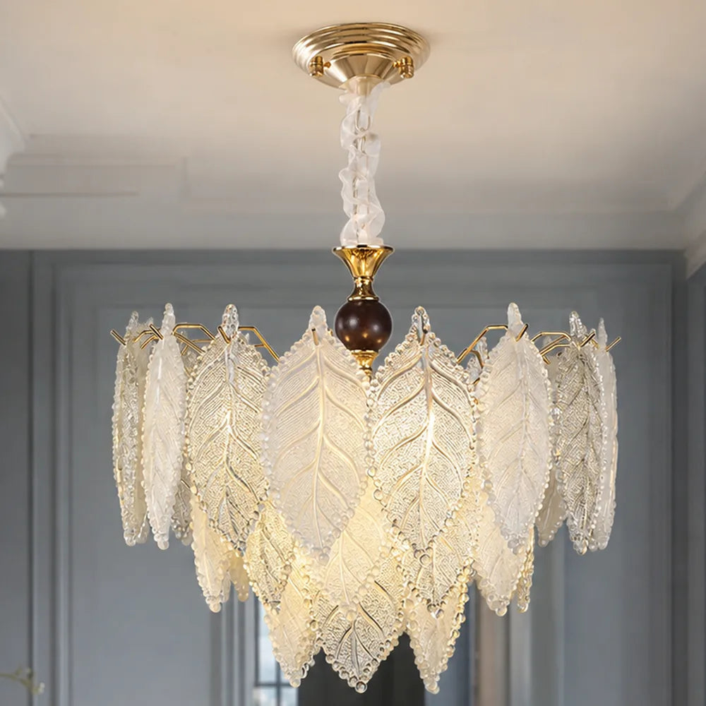 Veined Glass Leaf Chandelier styled in a cool hotel interior