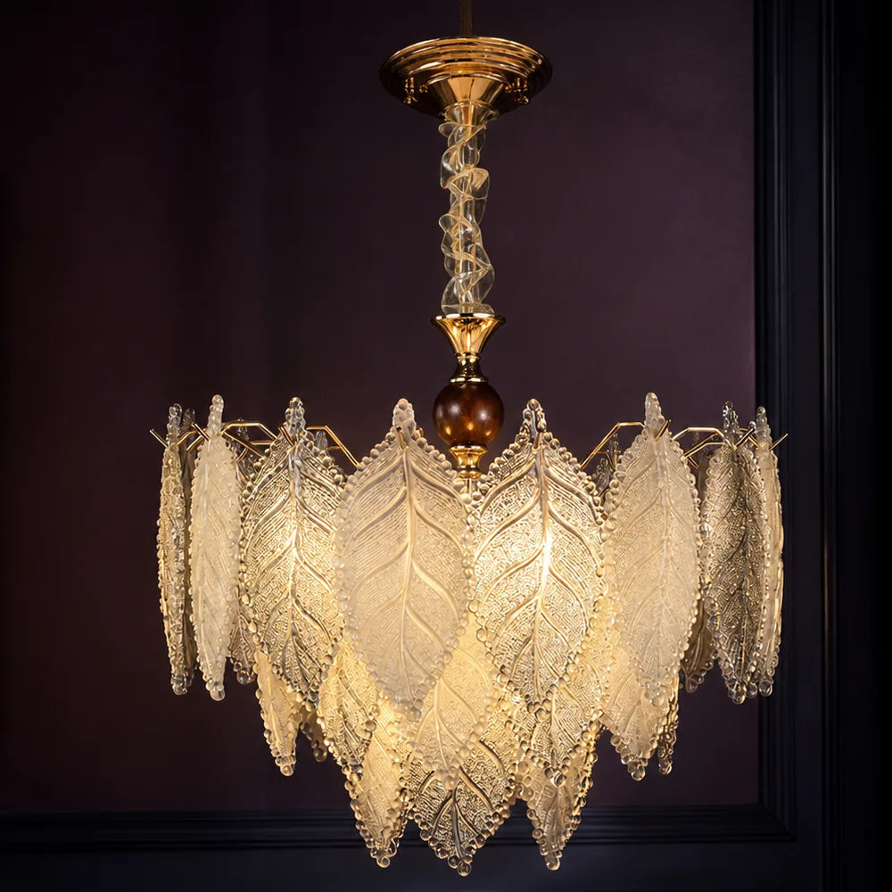 Veined Glass Leaf Chandelier styled in a deep plum interior