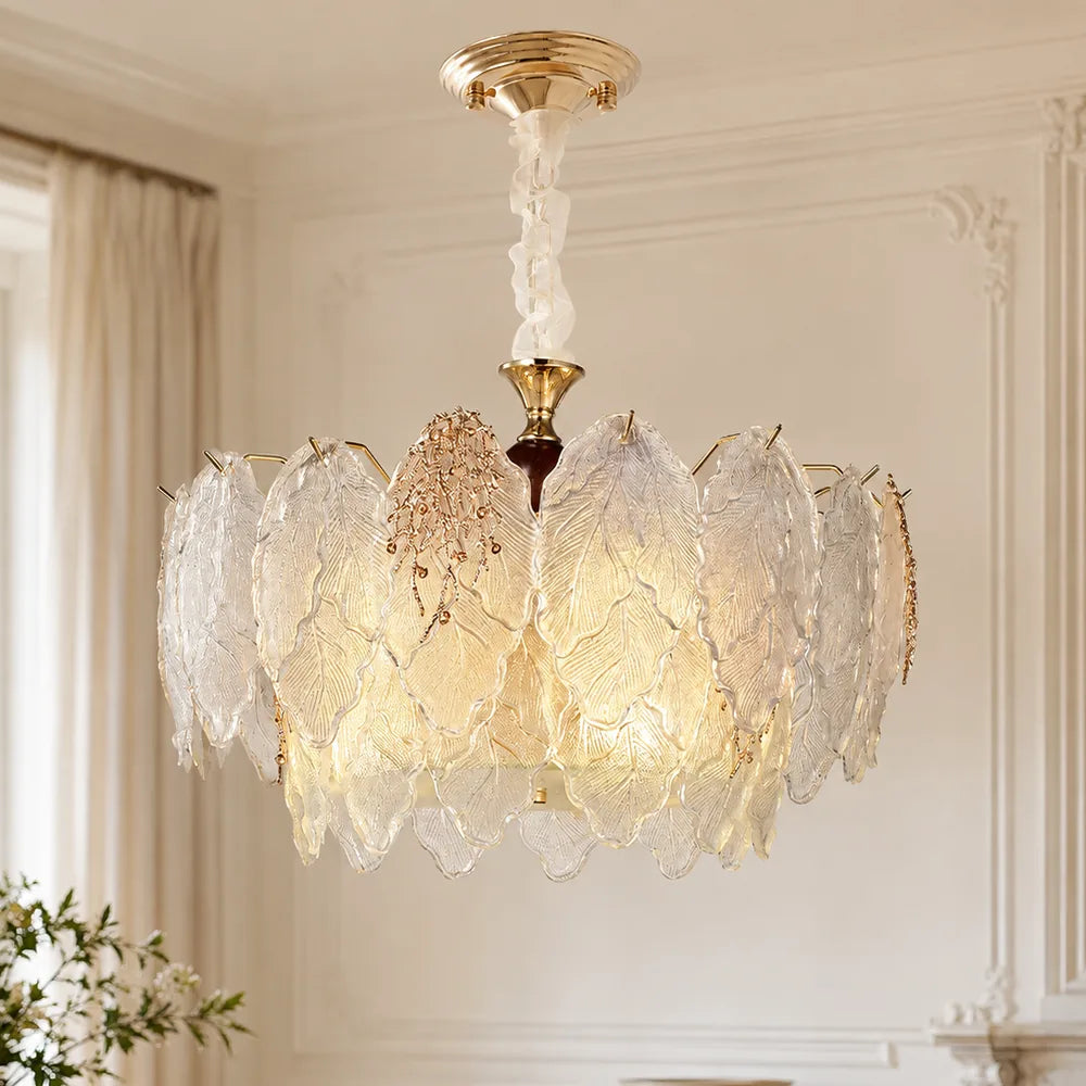 Floral Veined Glass Chandelier styled in a warm ivory interior