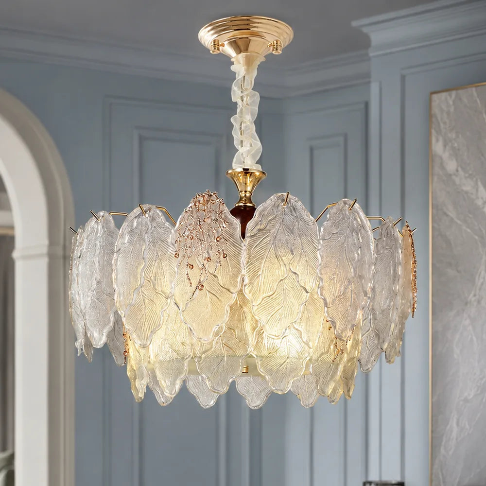 Floral Veined Glass Chandelier styled in a cool hotel interior