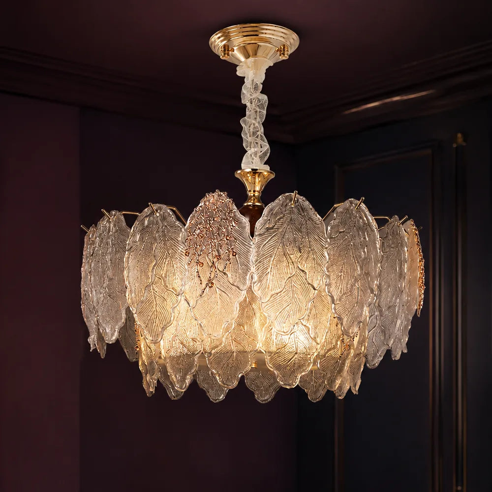 Floral Veined Glass Chandelier styled in a deep plum interior