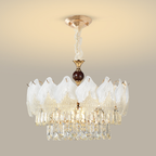 Frosted glass petal chandelier with clear crystal prism and drop fringe