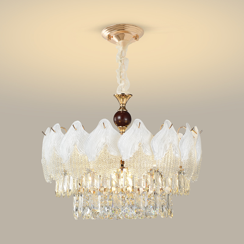 Frosted glass petal chandelier with clear crystal prism and drop fringe