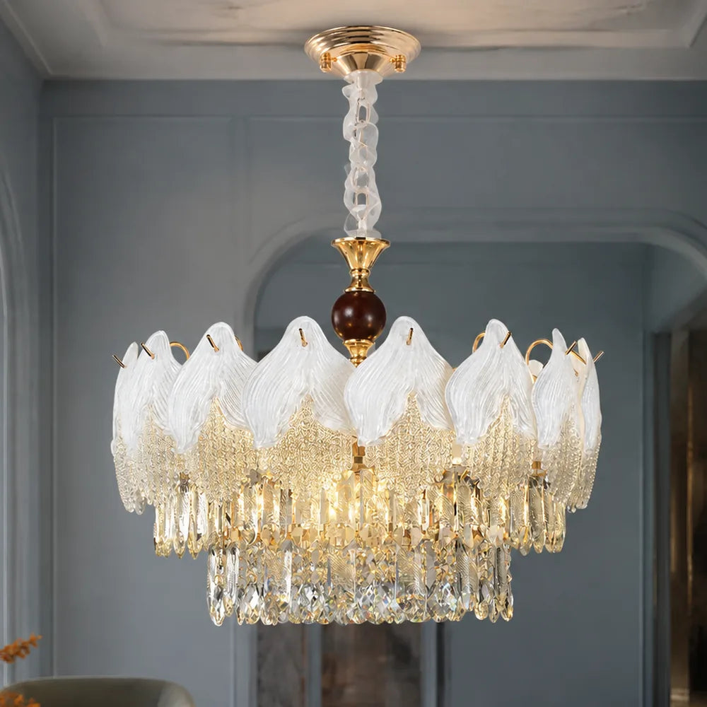 Frosted Petal Chandelier with Crystal Fringe styled in a cool hotel interior