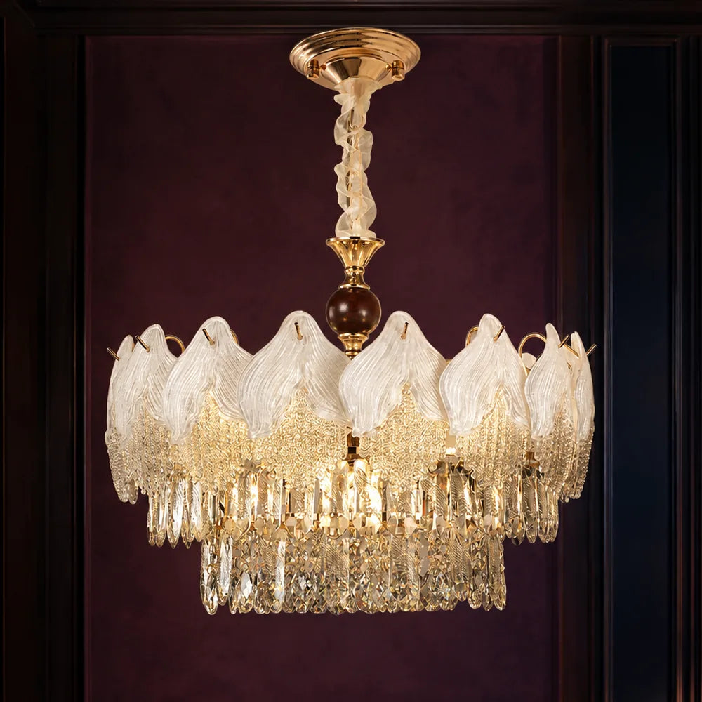 Frosted Petal Chandelier with Crystal Fringe styled in a deep plum interior