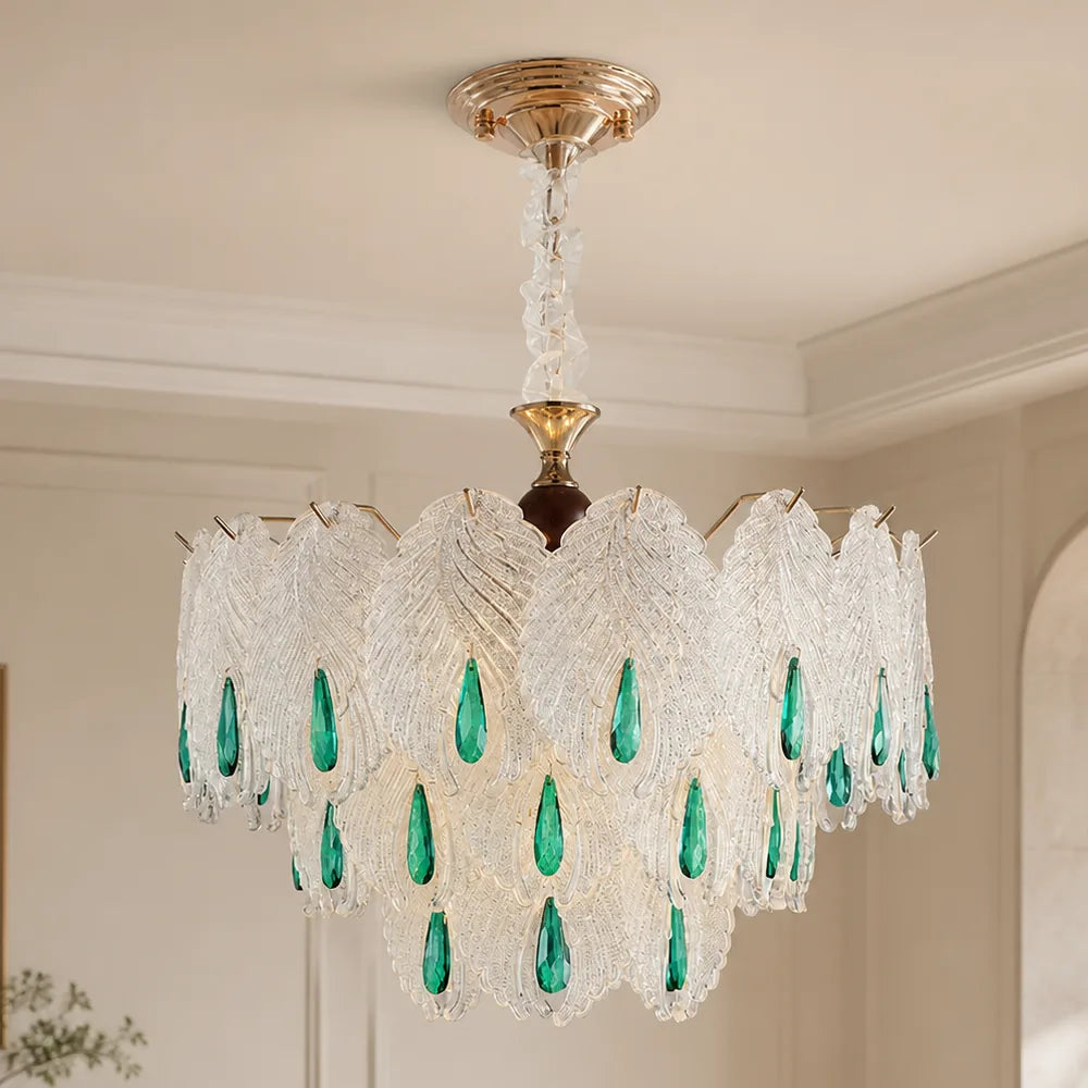Glass Leaf Chandelier with Emerald Drops styled in a warm ivory interior