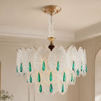 Glass Leaf Chandelier with Emerald Drops styled in a warm ivory interior