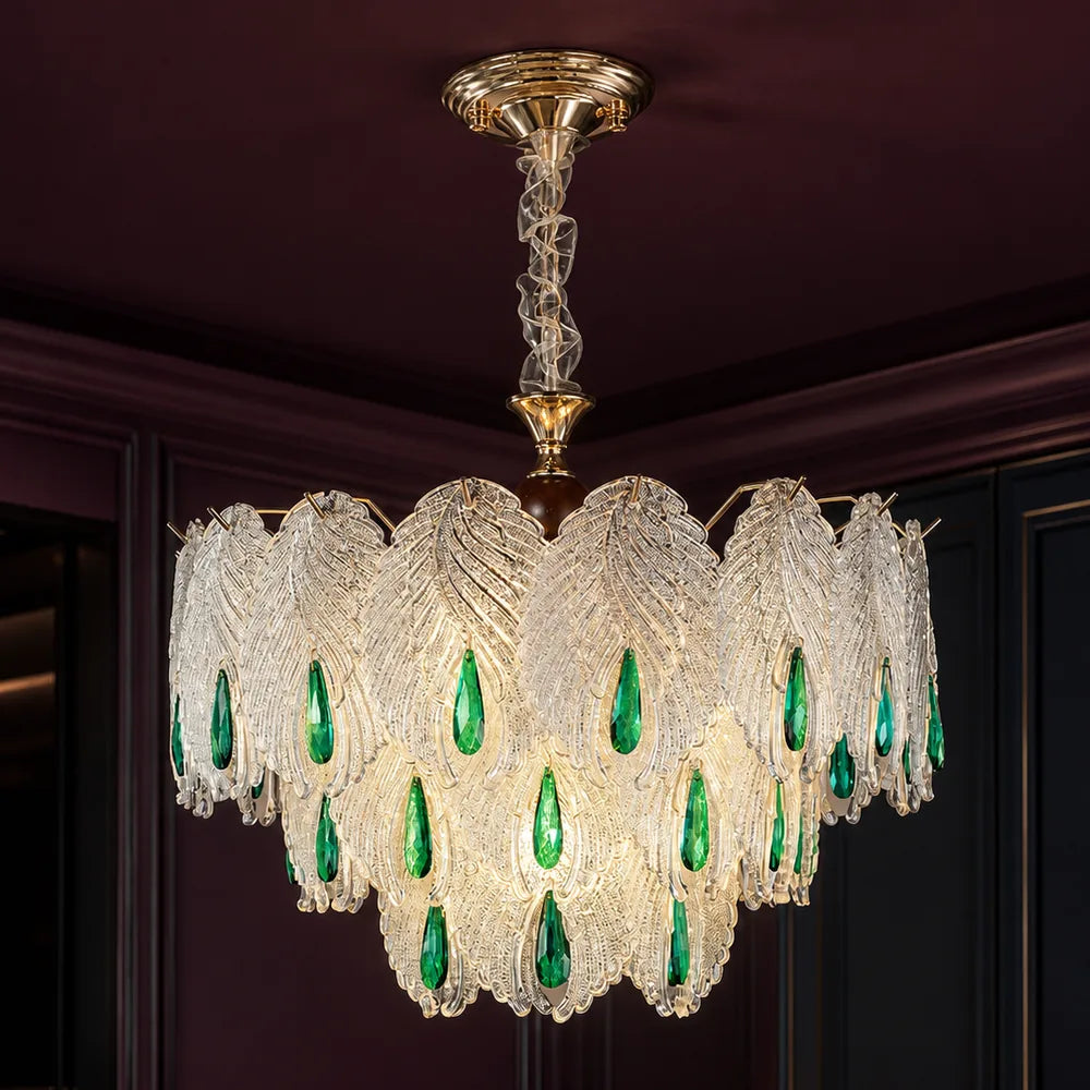 Glass Leaf Chandelier with Emerald Drops styled in a deep plum interior
