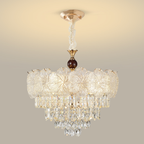 Textured rosette glass chandelier with stepped crystal prism column