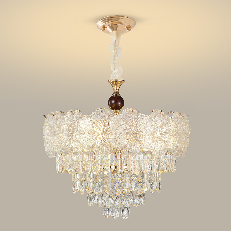 Textured rosette glass chandelier with stepped crystal prism column
