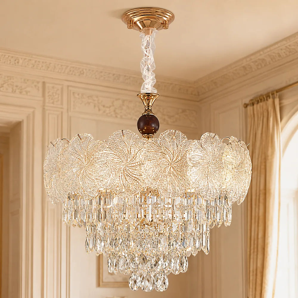 Rosette Glass and Crystal Column Chandelier styled in a warm ivory interior