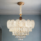Rosette Glass and Crystal Column Chandelier styled in a cool hotel interior