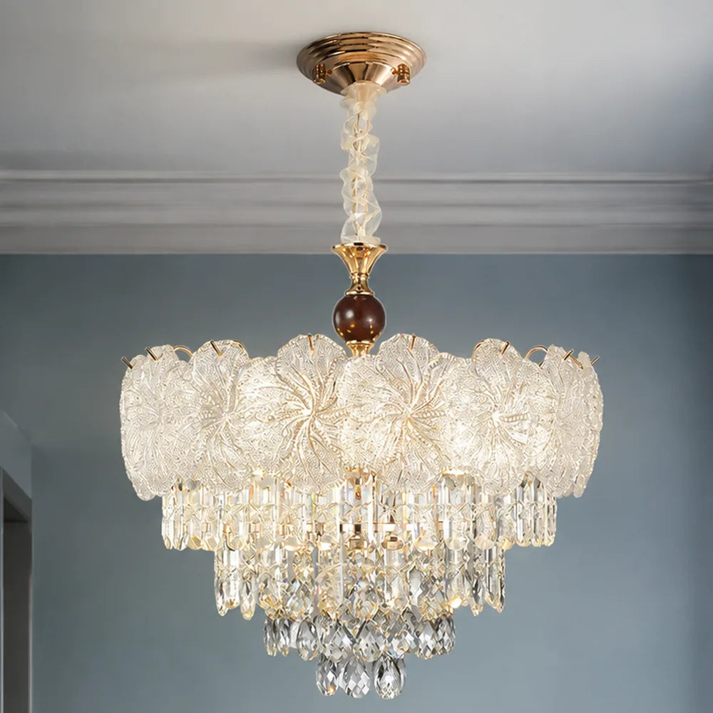 Rosette Glass and Crystal Column Chandelier styled in a cool hotel interior