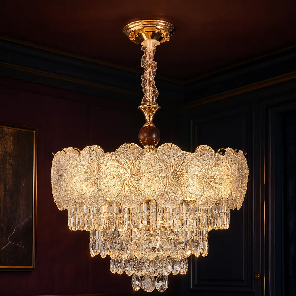 Rosette Glass and Crystal Column Chandelier styled in a deep plum interior