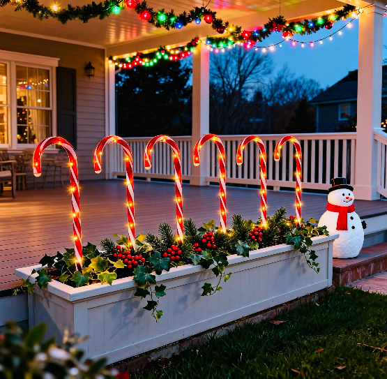 Red tube candy cane stake lights lining a garden path with warm glow - product shot