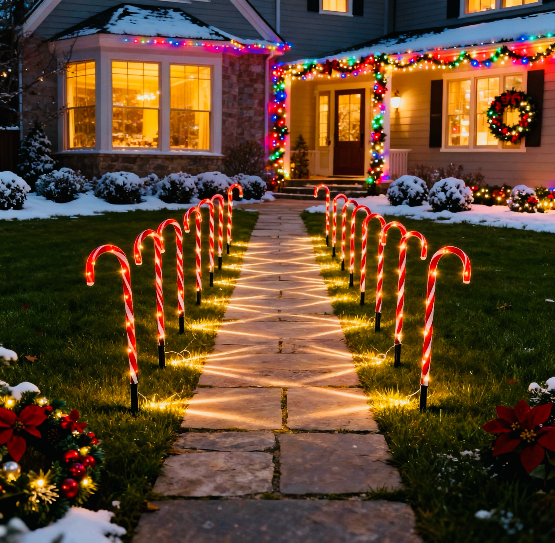 Red tube candy cane stake lights lining a garden path with warm glow - multi-set scene