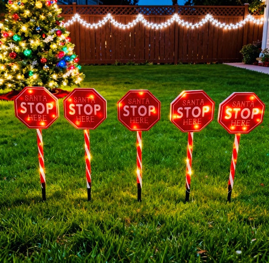 Red tube signpost stake light glowing cool white as a directional yard sign - product shot