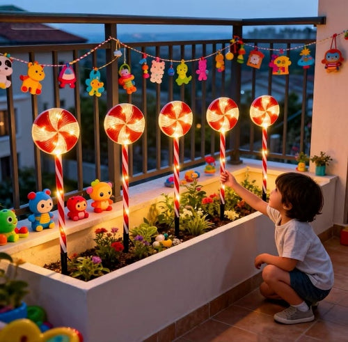 Red spiral lollipop stake light 12cm glowing in a garden - product shot