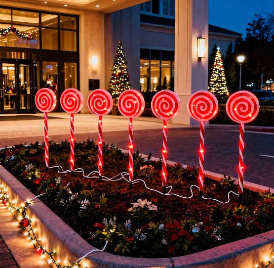 Large red lollipop stake light 18cm glowing warm white - single-set scene