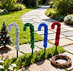 Mixed color tinsel foil candy cane stake light with cool white LEDs - product shot