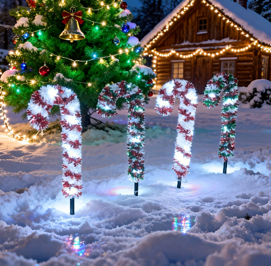 Tinsel wrapped candy cane stake light glowing warm white - single-set scene
