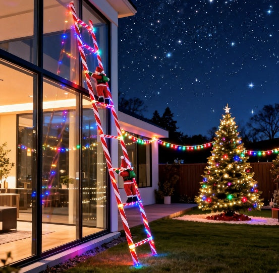 Large Santa Claus climbing an illuminated ladder light on a porch facade - single-set scene