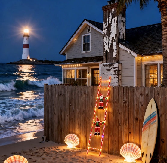 Large Santa Claus climbing an illuminated ladder light on a porch facade - multi-set scene