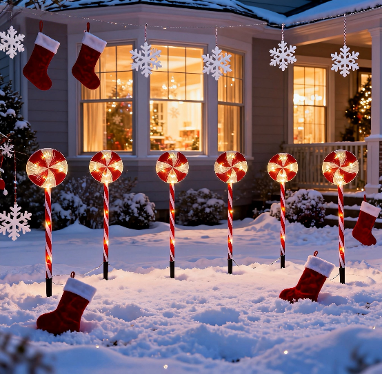 Red spiral lollipop stake light 12cm glowing in a garden - single-set scene