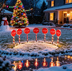 Red tube signpost stake light glowing cool white as a directional yard sign - single-set scene