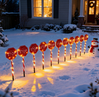 Red tube signpost stake light glowing cool white as a directional yard sign - multi-set scene
