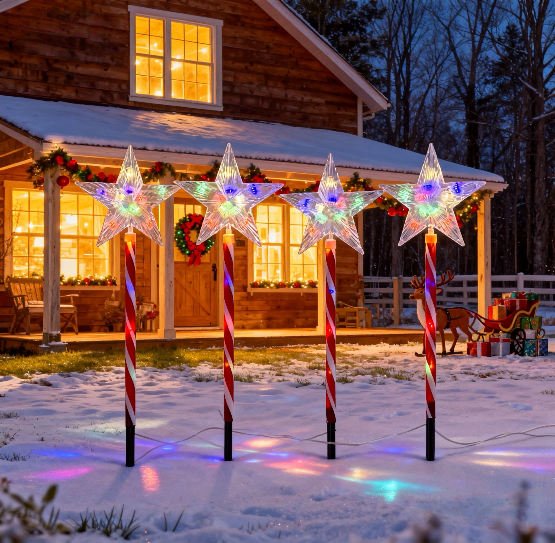 Multicolor Christmas star tube stake light glowing in festive colors - product shot