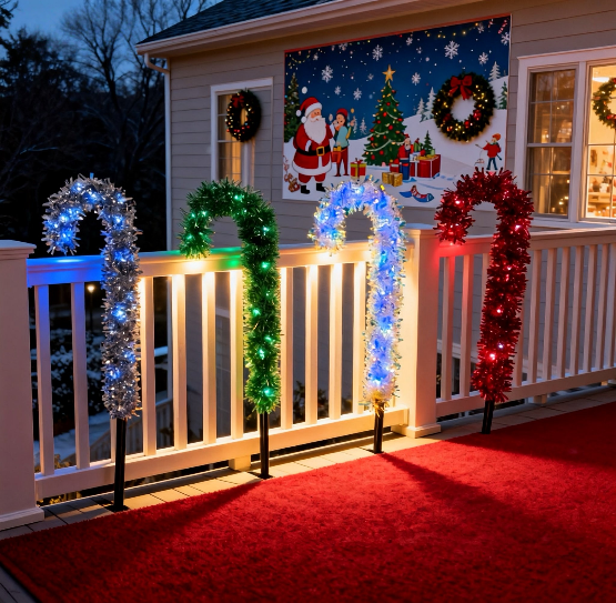 Mixed color tinsel foil candy cane stake light with cool white LEDs - multi-set scene