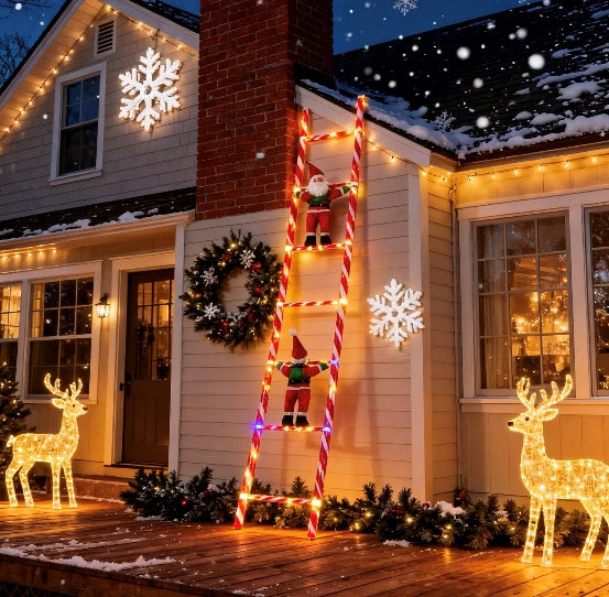 Large Santa Claus climbing an illuminated ladder light on a porch facade - product shot