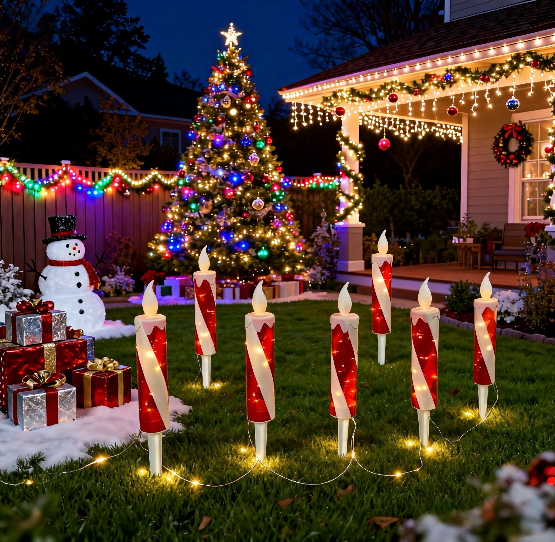 Small candle-shaped stake lights glowing warm white among planters - multi-set scene