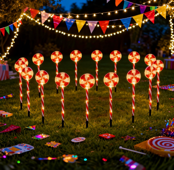 Red spiral lollipop stake light 12cm glowing in a garden - multi-set scene